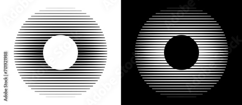 Transition parallel lines in circles. Abstract art geometric background for logo, icon, tattoo. Black shape on a white background and the same white shape on the black side.