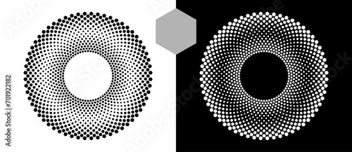 Halftone round as icon or background. Abstract vector circle with hexagons as logo or emblem. Black shape on a white background and the same white shape on the black side.