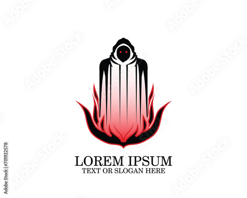 vector design, a logo illustration or art symbol of a creature wearing a black robe with a head covering and under its body there is an illustration of black and red flames burning around it