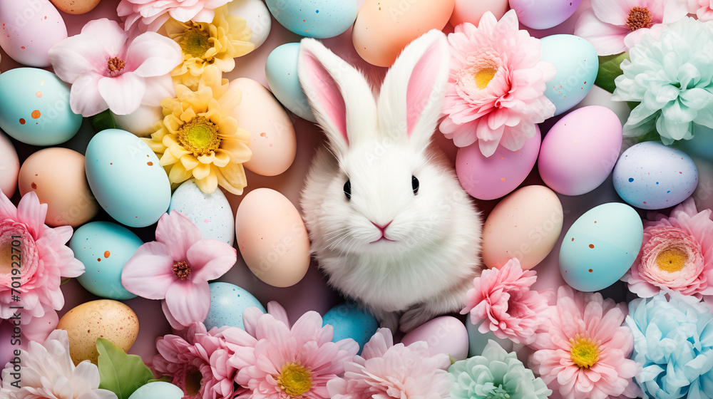 Colorful easter eggs, flowers and cute bunny