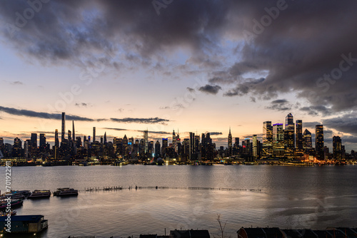 Midtown Manhattan, NYC, Sunrise behind Skyline, Wide view of Hudson River