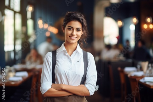happy indian woman waiter in restaurant, cafe or bar photo