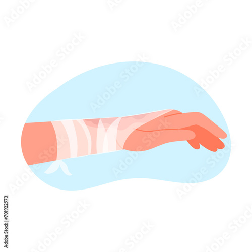 Injured bandaged hand. First aid measure, medical bandage cartoon vector illustration