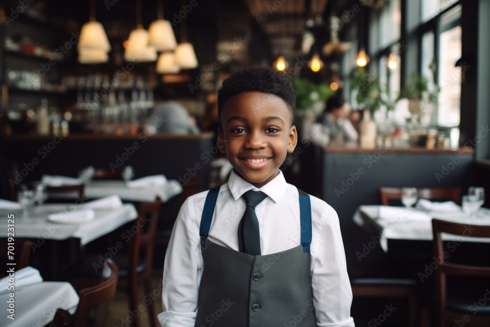 Fototapeta premium happy african american child boy waiter in restaurant, cafe or bar