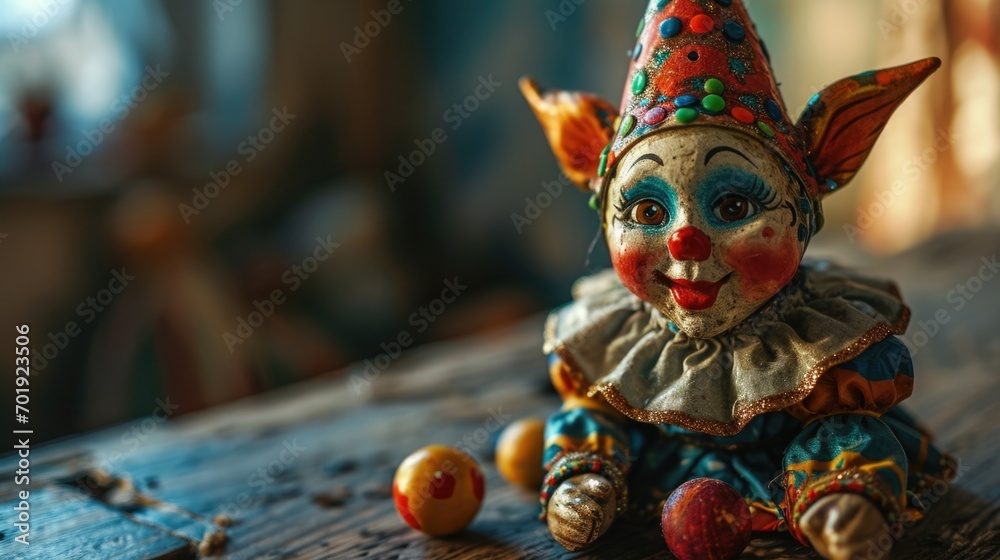 traditional Mardi Gras jester doll, nostalgic toy symbol of festivity, jester's bright attire, vintage decoration, Mardi Gras nostalgia