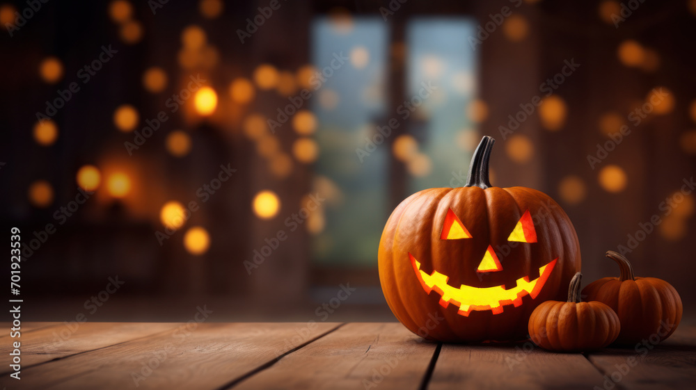 Fototapeta premium Halloween Pumpkin with Glowing Eyes, Forest Sunset Halloween Scene