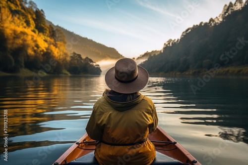 A solitary kayaker in a hat savors the stillness of a misty river morning.