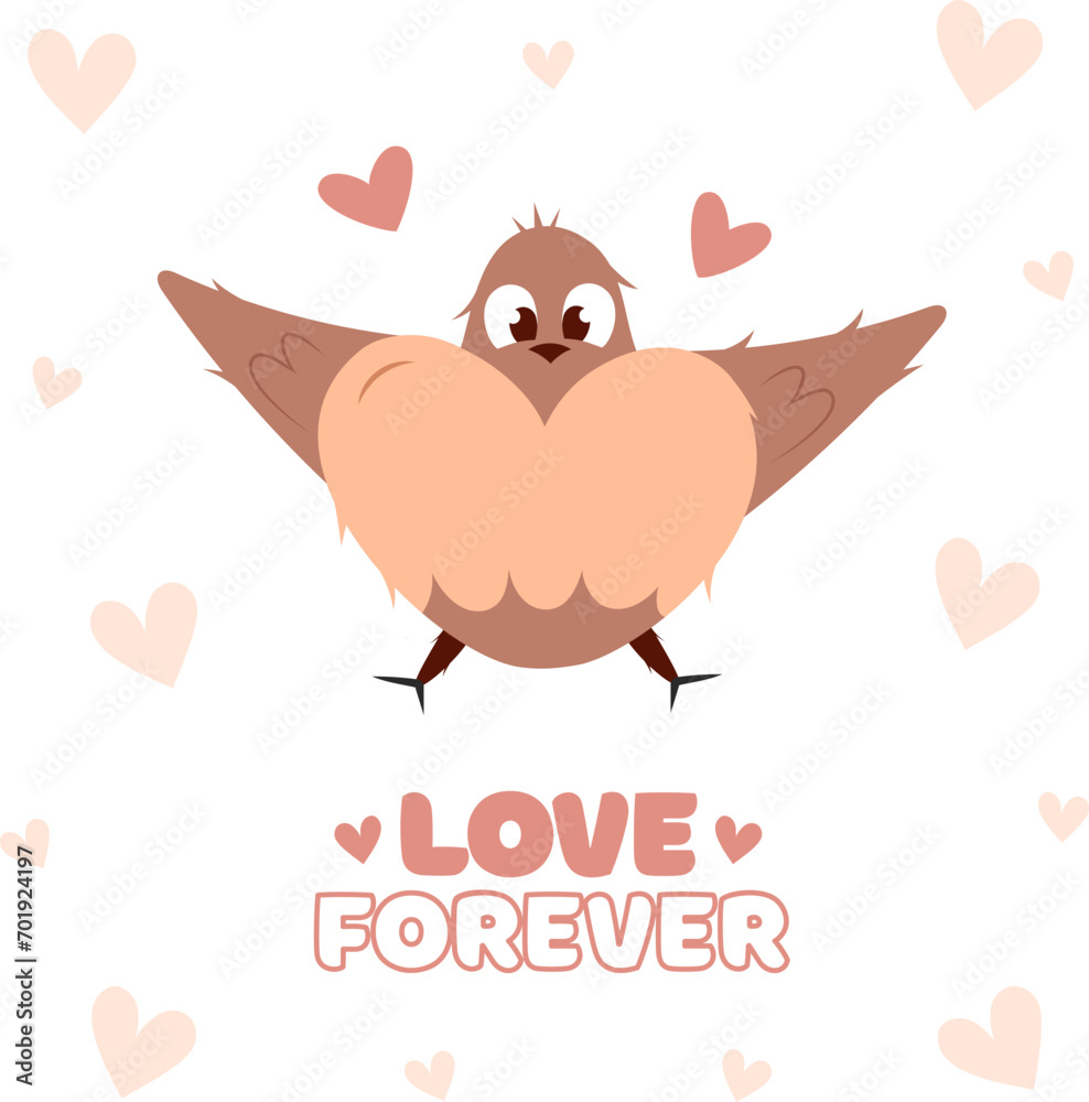 Hand draw flying bird with hearts Valentine's day poscard with lettering love forever.Peach fuzz, pink and red colors. Vector illustration on white background.Doodle style. Hand draw flying bird with hearts Valentine's day poscard with lettering love forever.Peach fuzz, pink and red colors. Vector illustration on white background.Doodle style.