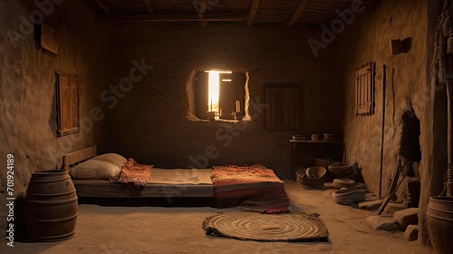 Room Interior Design with Bed and Window Mud Old House Indian Style Created with Generative AI Technology