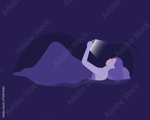 Girl with bad night habit of using smartphone. Lady suffering from insomnia cartoon vector illustration