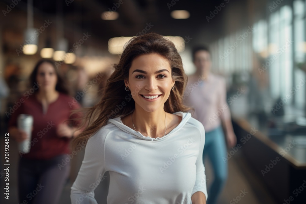 happy woman running on the background of a crowd of people happy woman running on the background of a crowd of people