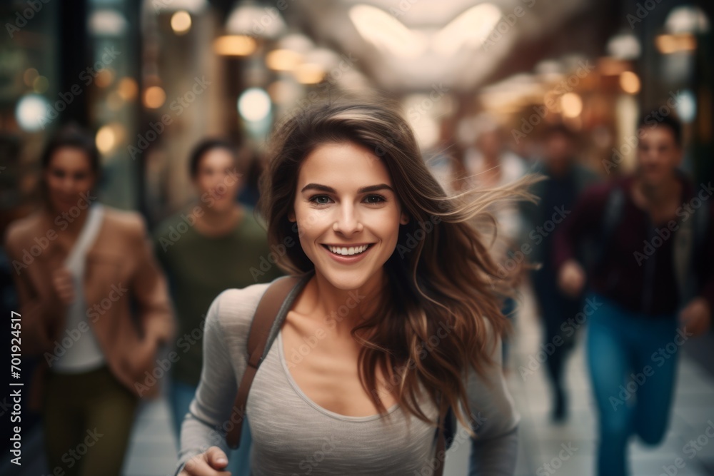 happy woman running on the background of a crowd of people happy woman running on the background of a crowd of people