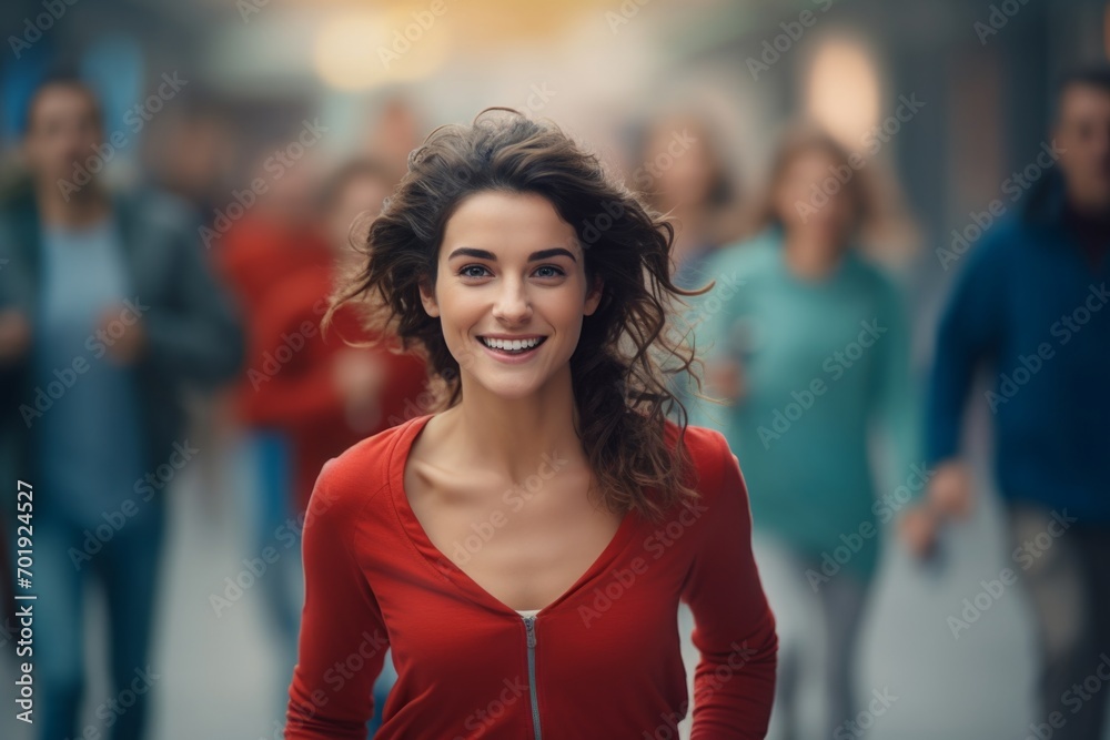 happy woman running on the background of a crowd of people