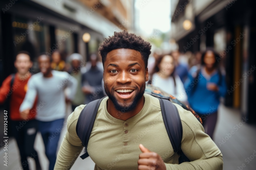 happy african american man running on the background of a crowd of people - obrazy, fototapety, plakaty 