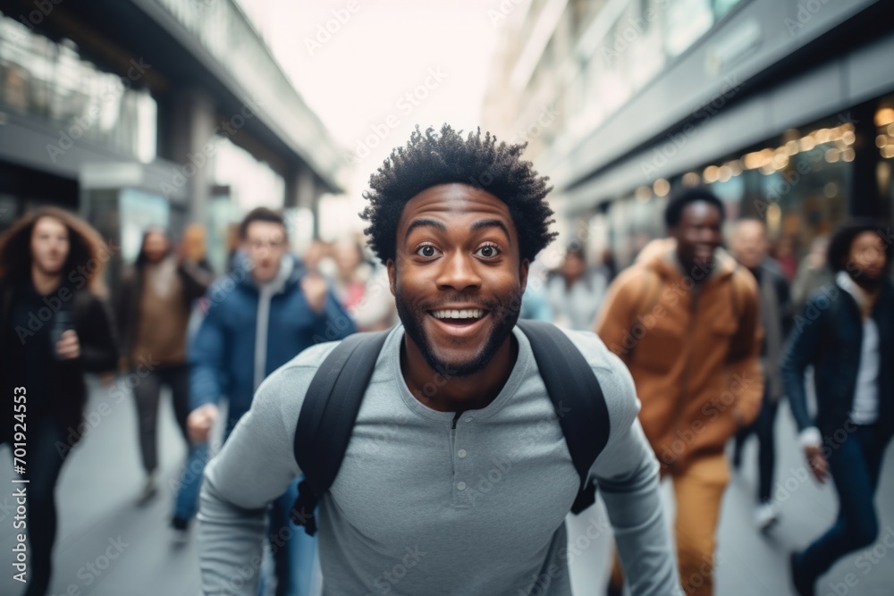 happy african american man running on the background of a crowd of people - obrazy, fototapety, plakaty 
