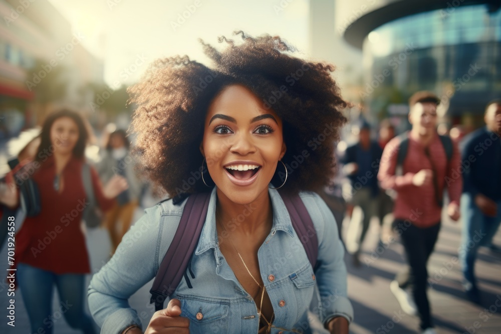 happy african american woman running on the background of a crowd of people - obrazy, fototapety, plakaty 