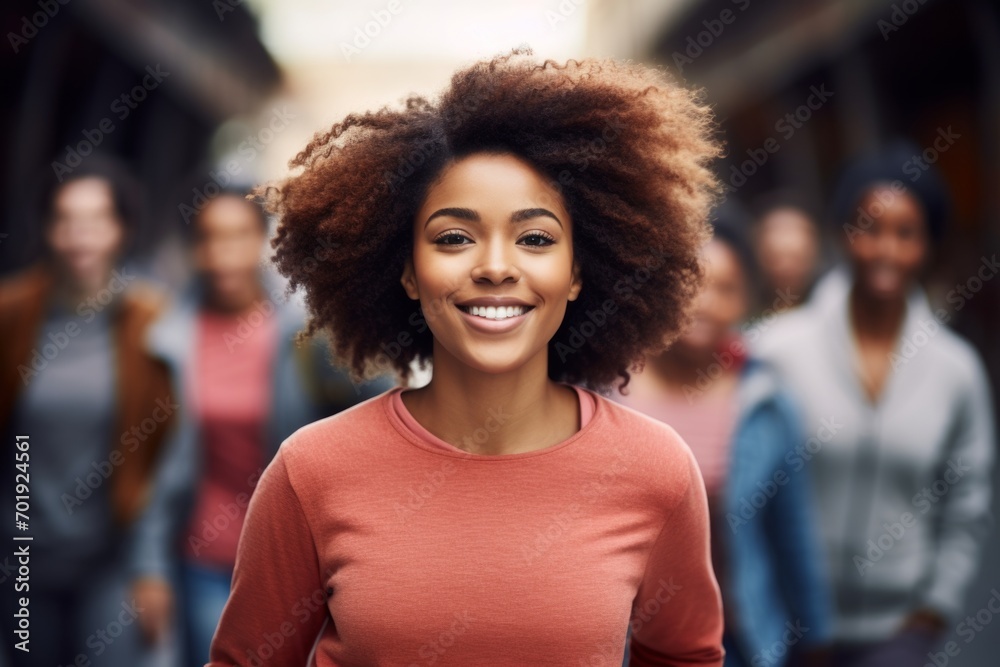 happy african american woman running on the background of a crowd of people - obrazy, fototapety, plakaty 