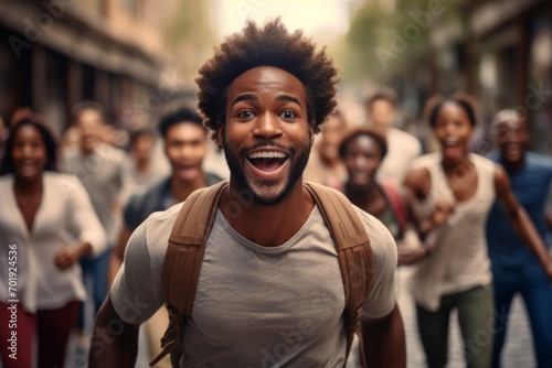 happy african american man running on the background of a crowd of people photo