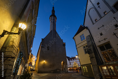 View of the Town hall in the old town of Tallinn in the evening in winter. Tallinn city, Estonia. photo