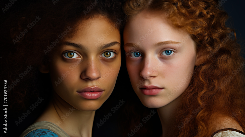 One woman with piercing blue eyes and light hair is juxtaposed next to another woman with deep brown eyes and dark curls, both faces in harmony.
