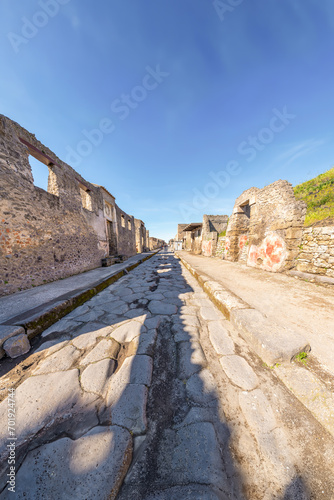  A 2,000-year-old cobbled street in the city of Pompeii, Italy