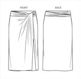 Vector midi skirt with gathering detail fashion CAD, woman jersey or woven fabric  smocked long skirt with front slit technical drawing, flat, sketch, template, mock up. Front back view, white color