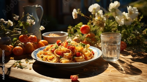 Tasty homemade pasta with tomatoes served on the table in sunny day.