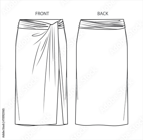 Vector midi skirt with gathering detail fashion CAD, woman jersey or woven fabric  smocked long skirt with front slit technical drawing, flat, sketch, template, mock up. Front back view, white color