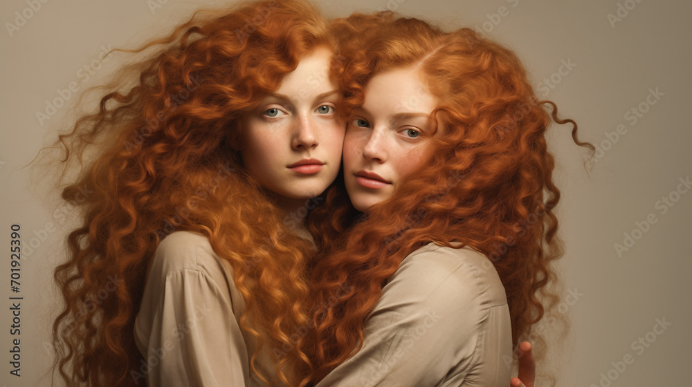 A woman with a straight auburn mane embraces a woman with coily chestnut curls, their contrasting beauty perfectly intertwined. A woman with a straight auburn mane embraces a woman with coily chestnut curls, their contrasting beauty perfectly intertwined.
