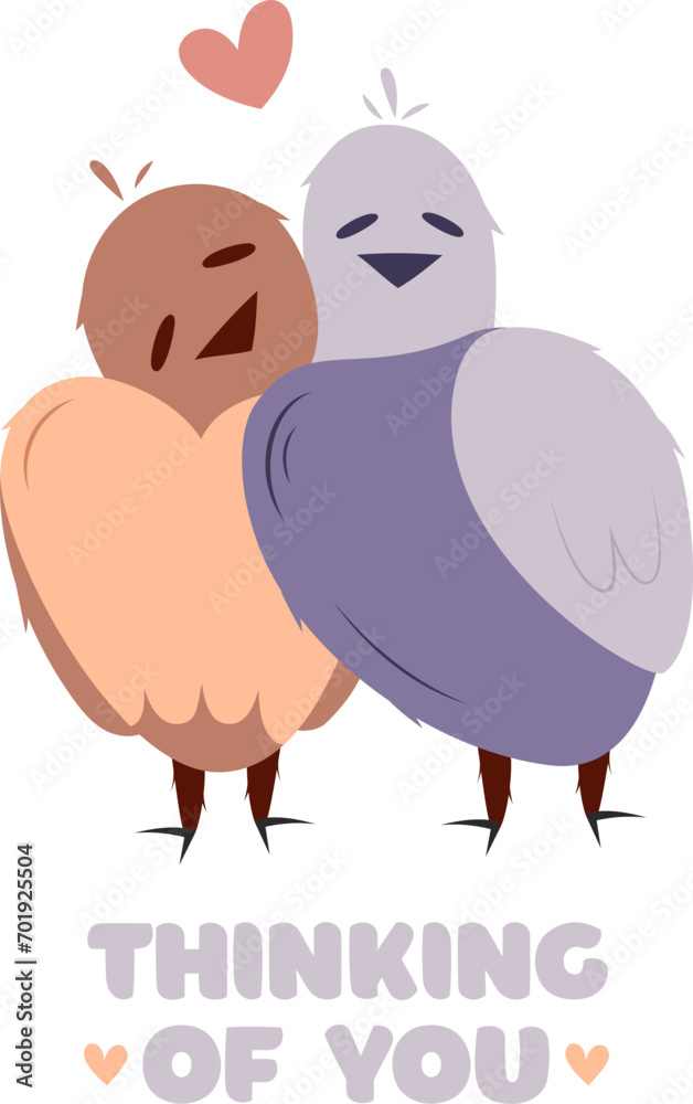 Hand draw two bird with heart. Valentine's day poscard with lettering thinking of you.Peach fuzz, pink, brown, purple and red colors. Vector illustration on white background.Doodle style. Hand draw two bird with heart. Valentine's day poscard with lettering thinking of you.Peach fuzz, pink, brown, purple and red colors. Vector illustration on white background.Doodle style.