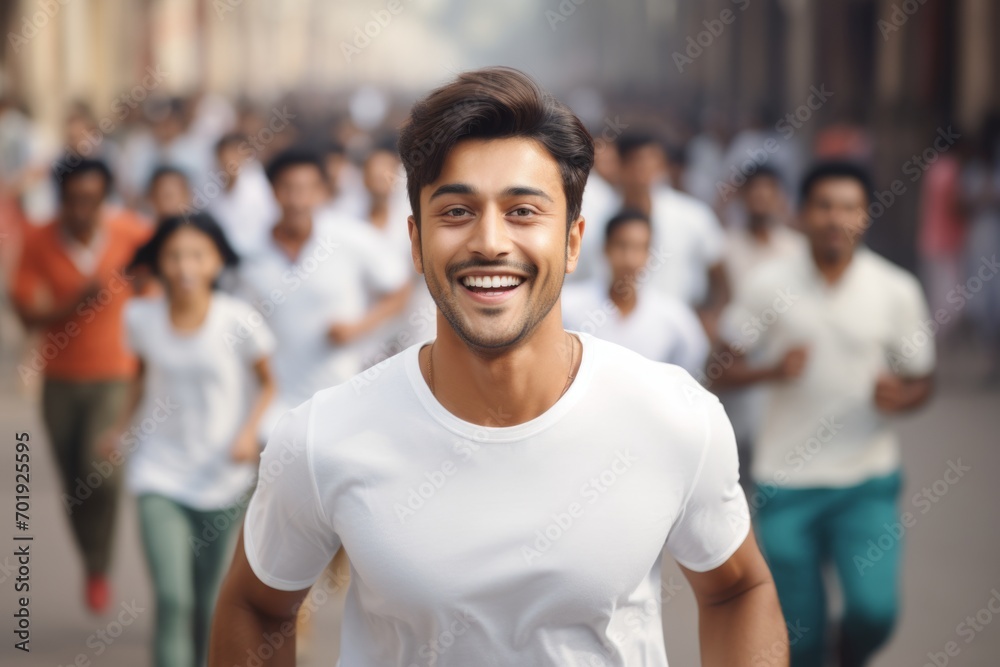 happy indian man running on the background of a crowd of people happy indian man running on the background of a crowd of people