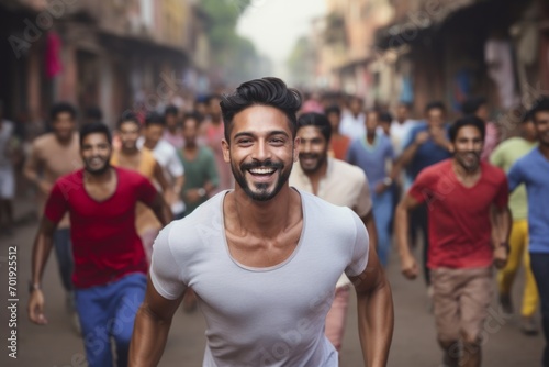 happy indian man running on the background of a crowd of people