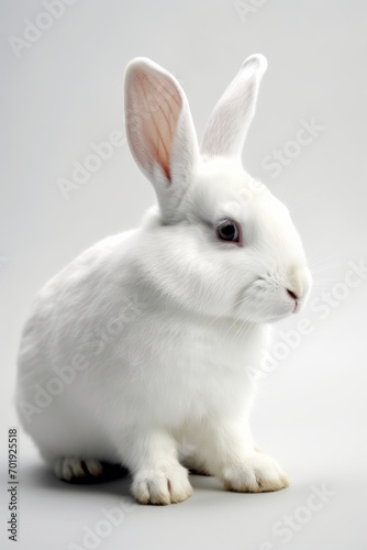 Portrait of cute white fluffy rabbit on white background