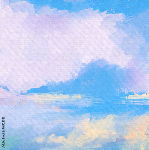 Impressionistic & Uplifting Cloudscape Landscape of Lakeside Wildflower Blooms and Reflections in Purplish-Blue or Periwinkle & Yellow Art, Digital Painting, Artwork, Illustration, Design, or Painting