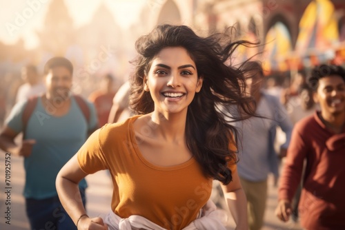 happy indian woman running on the background of a crowd of people © vasyan_23