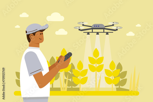 Male farmer with agricultural drone spraying fields