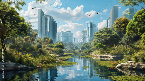 Cityscape recovering its wildlife species by creating urban habitats, AI Generated