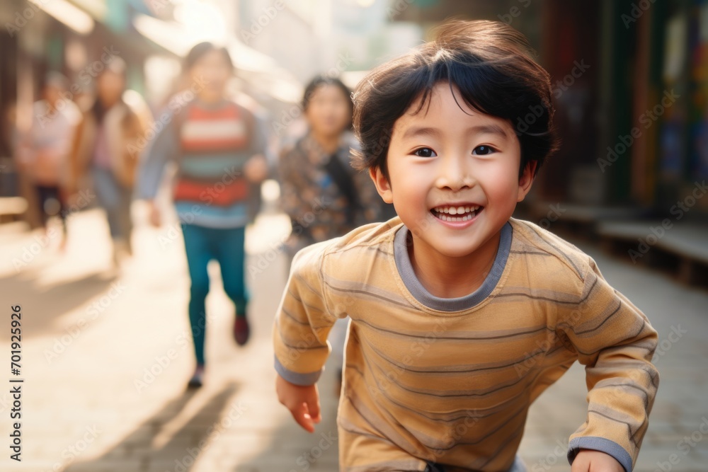 happy asian child boy running on the background of a crowd of people happy asian child boy running on the background of a crowd of people