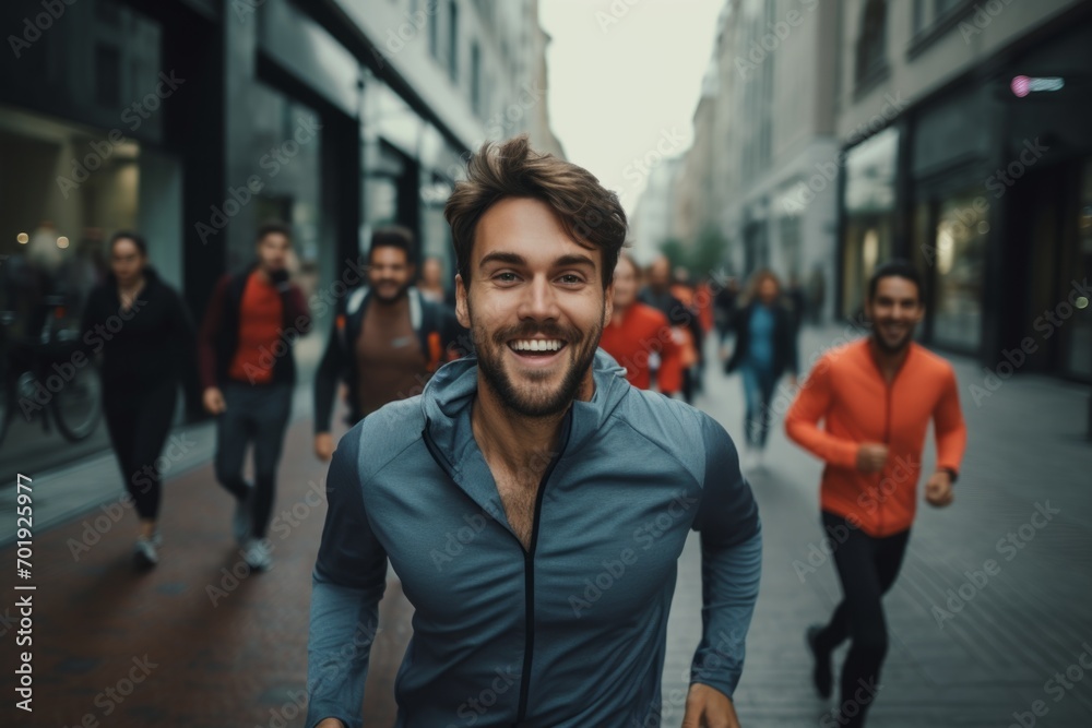 happy man running on the background of a crowd of people - obrazy, fototapety, plakaty 