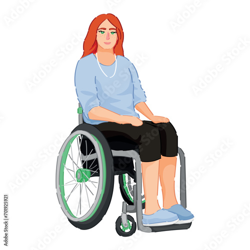 Woman sitting in wheelchair on white background