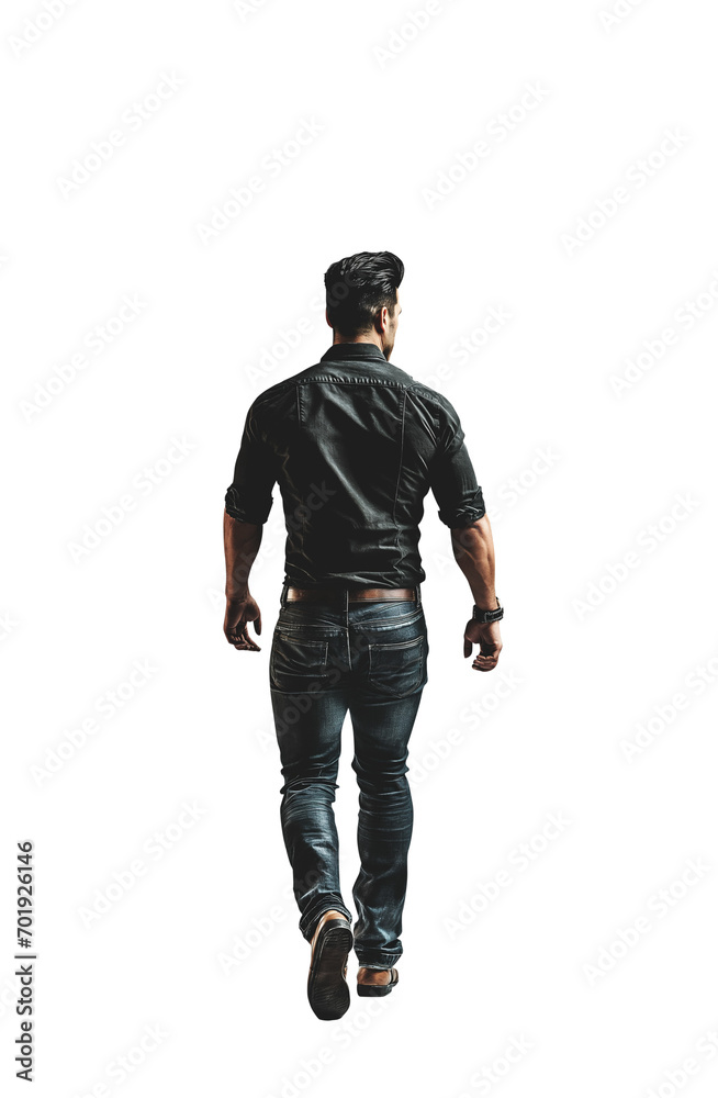 Handsome young man walking away. Full view. Rear View. Viewed from behind. Black stylish hair. Black shirt tucked into his dark denim jean pants. wrist watch. muscular young handsome urban wear man. Handsome young man walking away. Full view. Rear View. Viewed from behind. Black stylish hair. Black shirt tucked into his dark denim jean pants. wrist watch. muscular young handsome urban wear man.