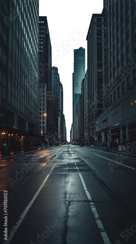 Empty city street with tall skyscrapers on both sides at night. Wet concrete street from rain water. Noir mystery concept - Isolated transparent background. Empty moody alley in a city © Mr. PNG