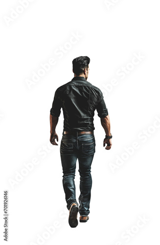 Handsome young man walking away. Full view. Rear View. Viewed from behind. Black stylish hair. Black shirt tucked into his dark denim jean pants. wrist watch. muscular young handsome urban wear man. 