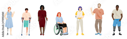 Group of different people with physical disabilities on white background. Concept of inclusion