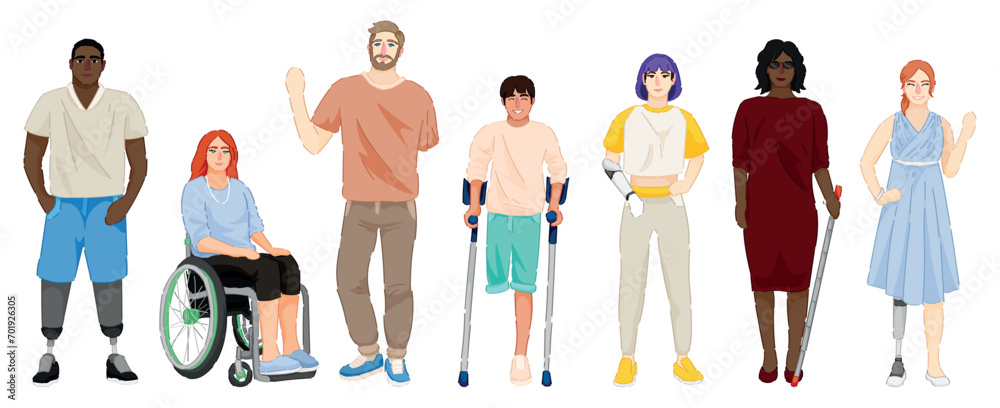 Group of different people with physical disabilities on white background. Concept of inclusion