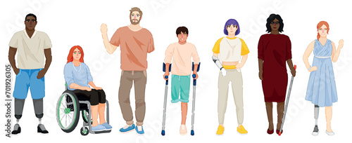 Group of different people with physical disabilities on white background. Concept of inclusion