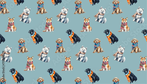 hand drawn watercolor, dogs wearing scarf,  seamless pattern for valentine's day, vector graphic resources, 16:9 widescreen wallpaper / backdrop,