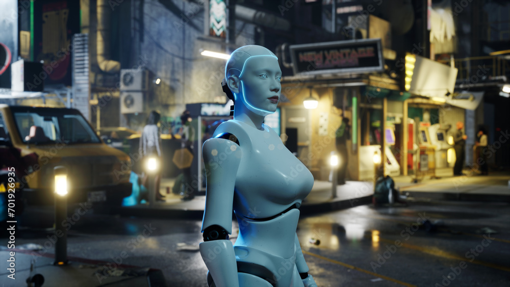 female robot walking along a street in a big city. humanoid AI robot crossing street. 3d render. future automation job. female robot walking along a street in a big city. humanoid AI robot crossing street. 3d render. future automation job.