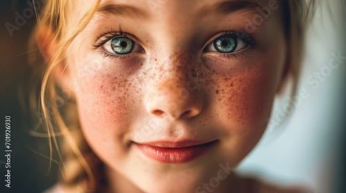 Portrait of a smiling little elementary school redhead girl with freckles and beautiful eyes AI generated photo