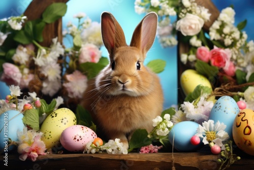 An Easter bunny  surrounded by brilliant flowers and Easter eggs in a spring forest  conjures a whimsical and magical atmosphere reminiscent of fairy tales